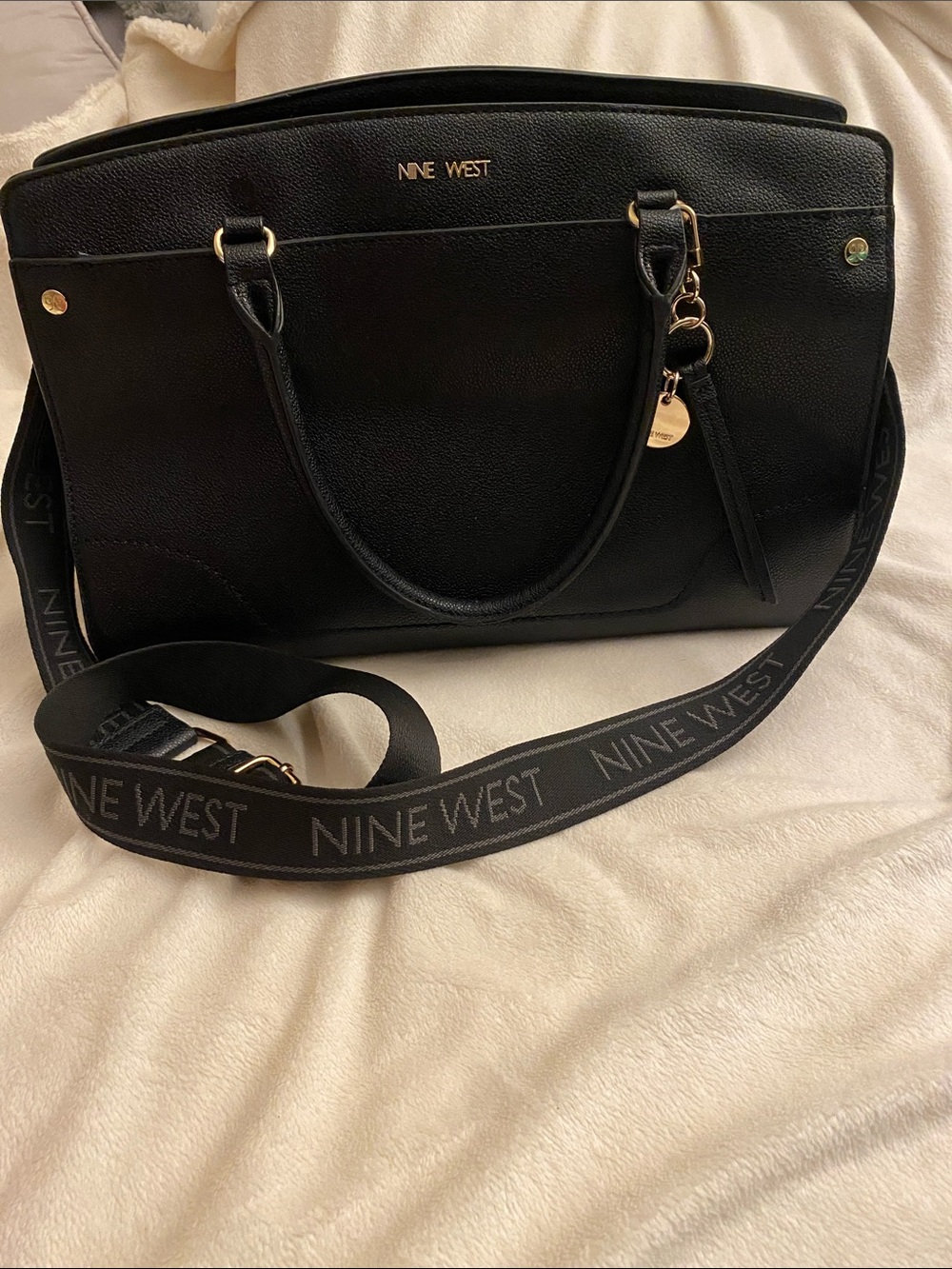 Nine West Black Pebbled Shoulder Tote with Logo Strap